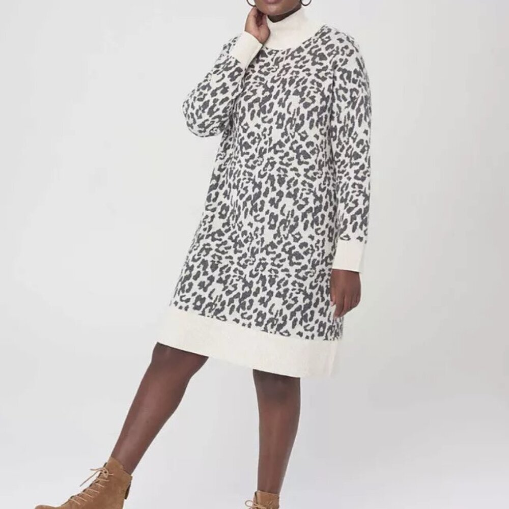 LOFT Womens Sweater Dress Jacquard Leopard Mock Neck Ivory Knit Wool Blend Large